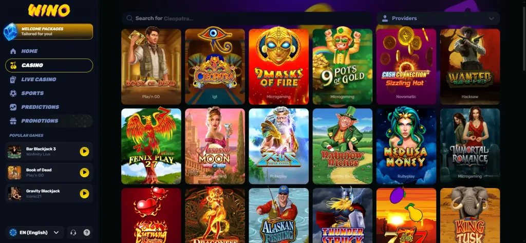 Current Wino Casino game lobby with category navigation