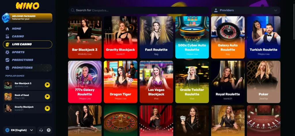 Current Wino Casino live dealer lobby and table categories