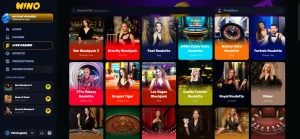 Current Wino Casino live dealer lobby and table categories