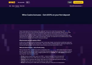 Current Wino Casino UK bonus page showing the welcome package