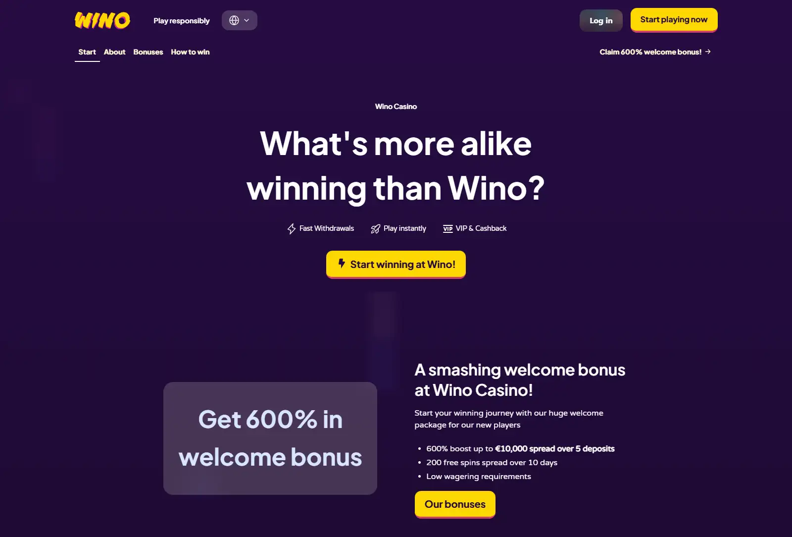 Current Wino Casino UK-facing homepage showing the offer and product positioning