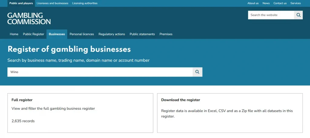UK Gambling Commission public business register used to check Wino Casino licensing