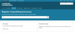 UK Gambling Commission public business register used to check Wino Casino licensing