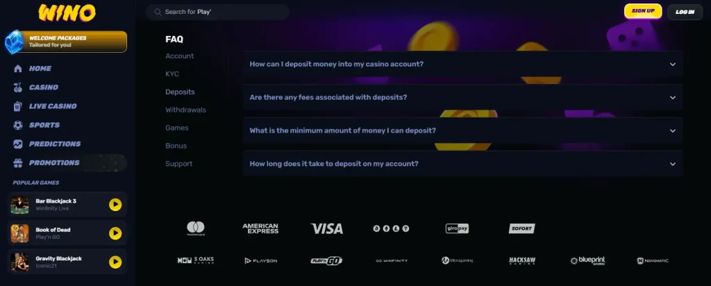 Wino Casino cashier showing current payment options