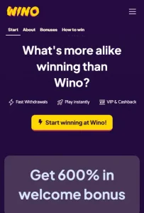 Wino UK-facing casino site displayed in a mobile browser
