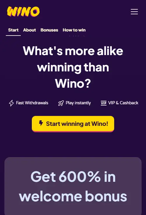Wino UK-facing casino site displayed in a mobile browser